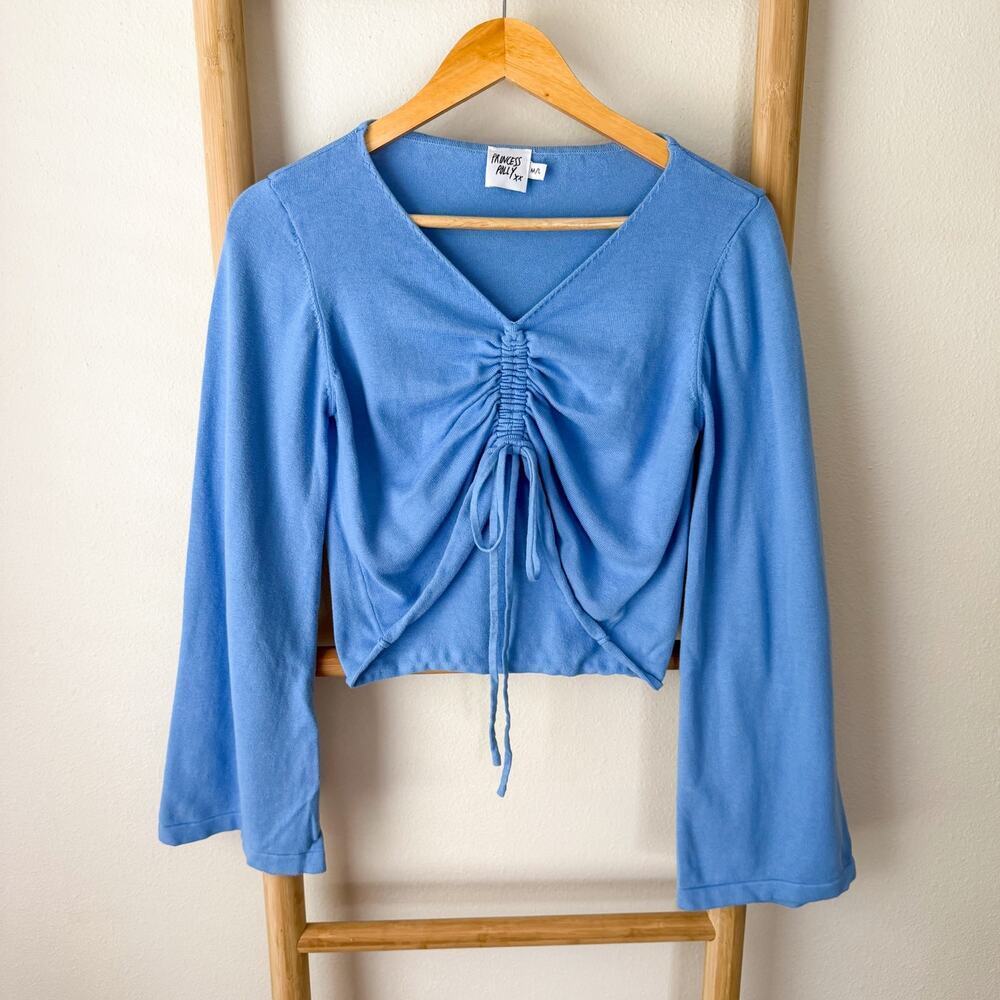 Princess Polly Blue Ruched Tie Front Crop Top Long Sleeve Size Medium
